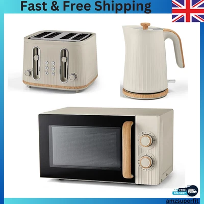 Cream & Wood Textured Scandi Kettle Toaster and Microwave Set Stylish Kitchen - Image 1 of 4