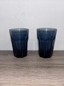 Libbey Gibraltar Dusky Blue Tumbler Duratuff 5” Tall 8 Panel Glass Set of 2 Vtg - Picture 1 of 4