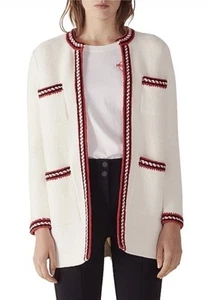 SANDRO PARIS White Luce Cardigan Size 1 Red Trim Oversized Pockets Cotton Blend - Picture 1 of 14