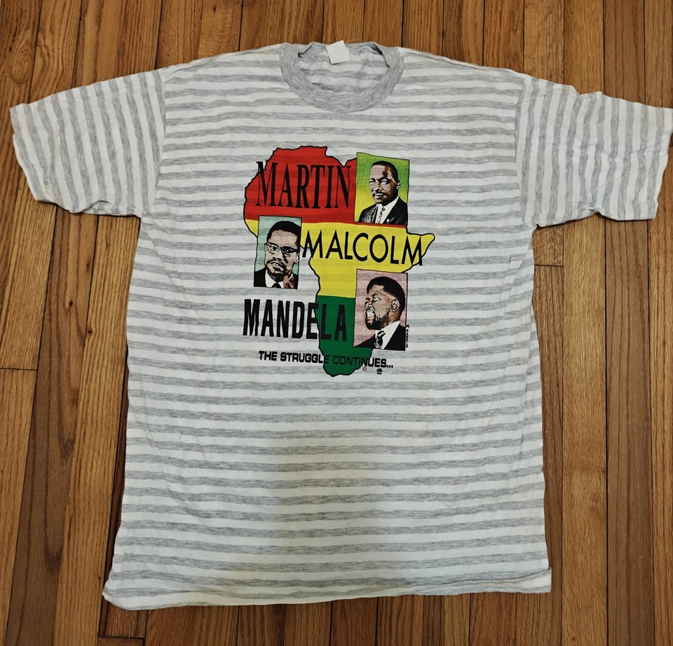 Vintage Malcolm X MLK Nelson Mandela Shirt Striped  Single Stitch T-shirt  L - Image 1 of 4