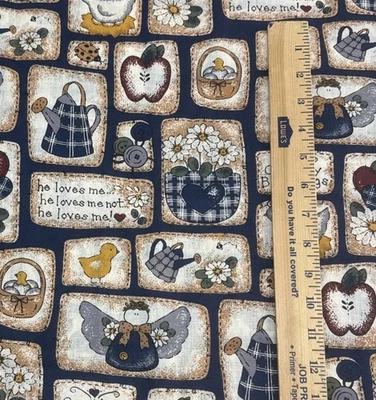 Country Blessings Patchwork Cottagecore Tela Azul Marino Manzanas Pollos BTY #19 Foto 1 de 4