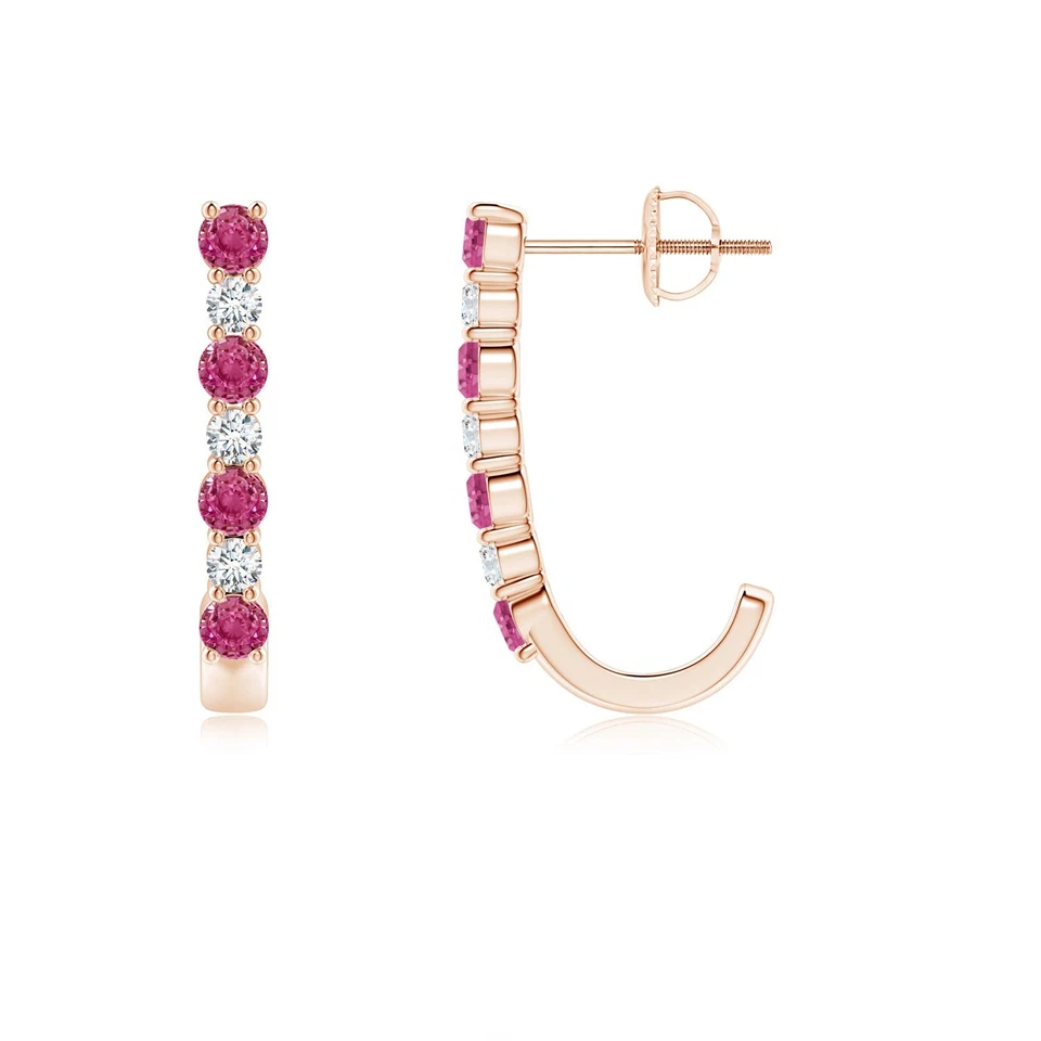 ANGARA 0.89 Ct Pink Sapphire and Diamond J-Hoop Earrings in 14K Solid Gold - Image 1 of 1