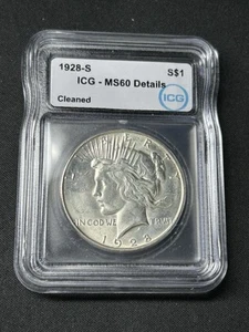 1928-S Peace Dollar ICG MS60 Details Cleaned - Picture 1 of 2
