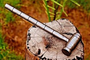 CUSTOM MADE HAND FORGED DAMASCUS STEEL CHASING HAMMER ROUNDED & PLAIN HEAD 2760 - Picture 1 of 6