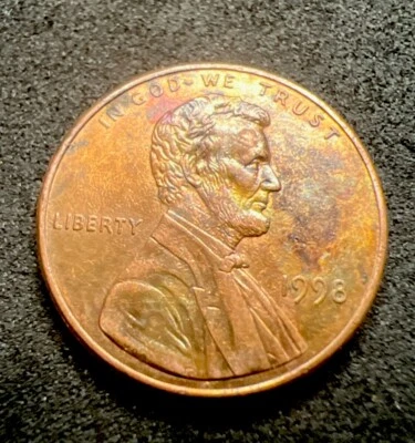 1998 P Penny Nearly Shattered Reverse, Retained Die Cracks & Cuds WILD Toning - Image 1 of 4