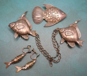 Vintage Sterling Silver Fish Brooches Pins Articulated Earrings - Picture 1 of 9