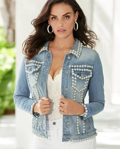 NWT BOSTON PROPER  One Of A Kind PEARL EMBELLISHED DENIM JACKET SIZE: M - Picture 1 of 11