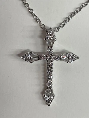"Collar Cruz Plata Circonita Cúbica Cadena 18"" Fe Religiosa Joyería NUEVO Foto 1 de 4