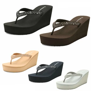 Womens High Wedge Heel Platform T-strap Flip Flops Open Toe Summer Thong Sandals - Picture 1 of 32