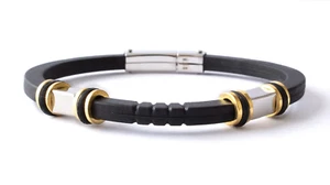 STAINLESS STEEL BLACK RUBBER BANGLE WITH 2-TONE BEADS, 8.5" - Picture 1 of 2