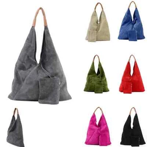 Woman Soft Real Suede Leather Smart Medium Hobo Shoulder Bag with Zipped Purse - Picture 1 of 14