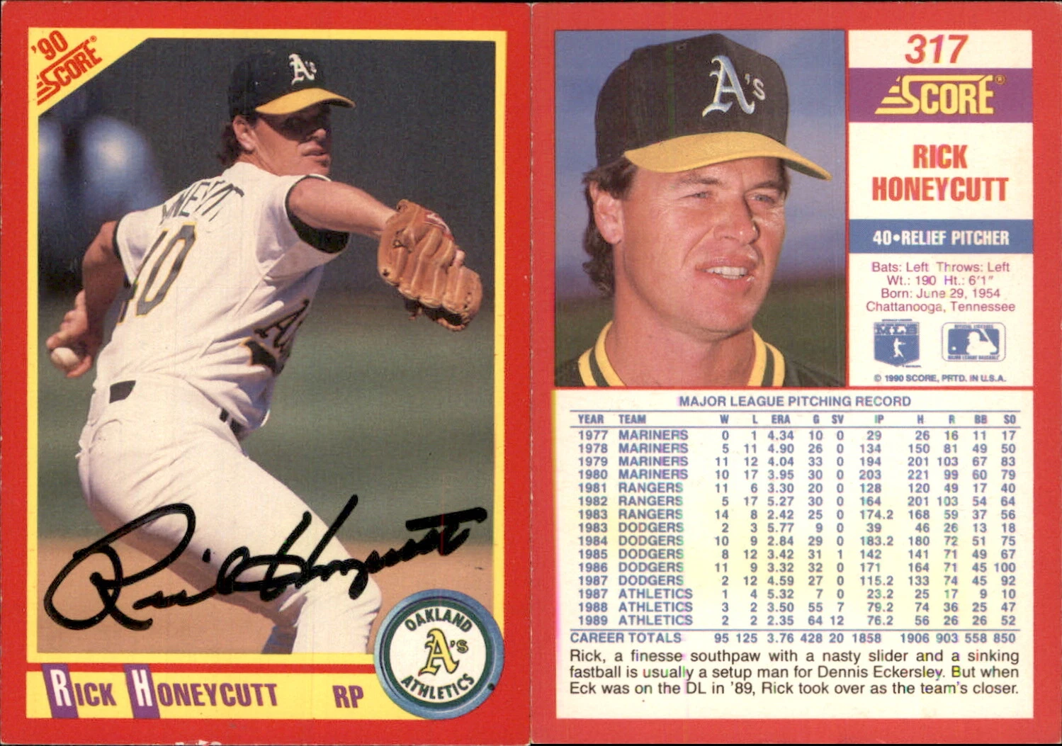 Rick Honeycutt Signed 1990 Score #317 Card Oakland Athletics Auto AU