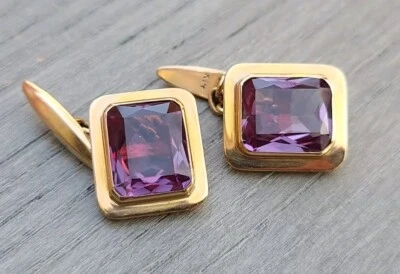 Gemelos vintage de zafiro alejandrita que cambian de color de oro de 14k para hombre Foto 1 de 4