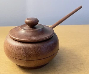 Vtg 5” Wooden Sugar Spice Bowl w/ Lid  & 9.5” Spoon Retro MCM - Picture 1 of 17