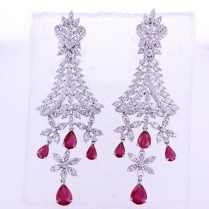 Indian Engagement Art Deco Style Beautiful 12.63CT Ruby & CZ Dangling Earrings