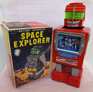 Vintage Yonezawa Space Explorer TV Robot Boxed Japan Original Tinplate battery - Imagen 1 de 24