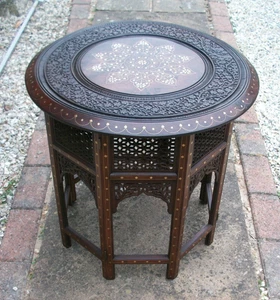 OUTSTANDING ANTIQUE OCTAGONAL INDIAN HOSHIAPUR INLAID FOLDING SIDE  TABLE - Picture 1 of 10