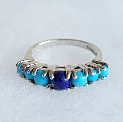 Sterling Silver 925 Lapis & Turquoise Row Ring | Size 7 | 3-Gram Vintage - Image 1 of 4