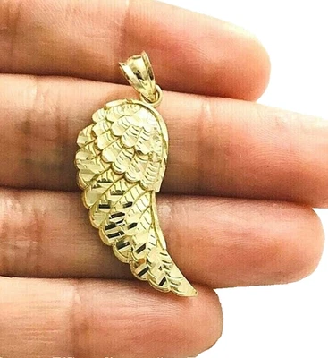 10K Solid Yellow Gold Diamond Cut Angel Wing Charm Pendant - 1.3"  - G18 - Image 1 of 4