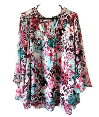 Jennifer Lopez 3/4 sleeve Floral Leopard Lace up Pullover Tunic Blouse - Image 1 of 4