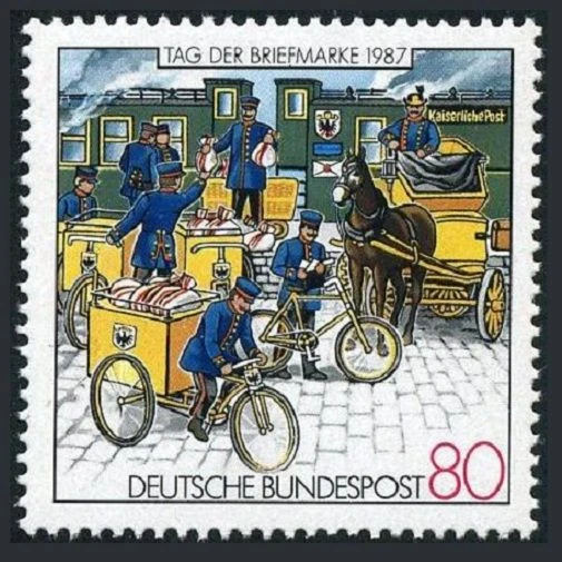 Germany 1515, MNH. Michel 1337. Stamp Day 1987. Postmen 1897. Train. - Image 1 of 1