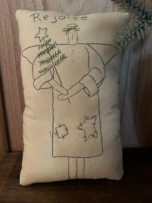 Hand Embroidered “Rejoice” Angel Stitchery Shelf Pillow - Image 1 of 4