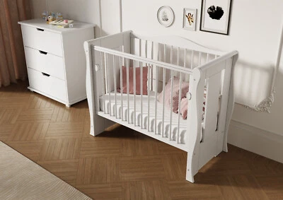 Baby Otiss White Sleigh Mini Cot drop side optional drawer mattress 100x50x10cm - Image 1 of 4