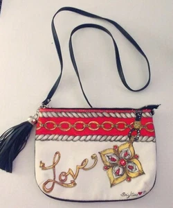 Brighton Canvas LOVE Purse Leather Tassel Detail Crossbody Bag Jewel Design 10" - Picture 1 of 12