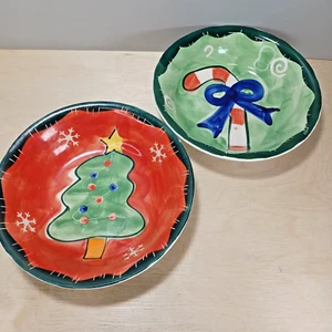 Studio 33 Christmas Bowls : 2 Hand Painted Soup/cereal Bowls Tree, & Candy Cane - Picture 1 of 10