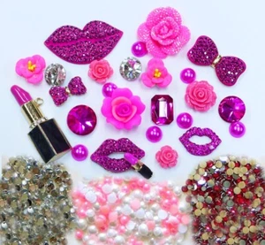 DIY 3D Fuchsia Lips Alloy Bling Glass Gems Flatback Decoden Cabochons deco kit - Picture 1 of 1