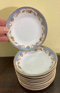 11 Bowls 5.25" Limoges France Bernardaud B&C Blue Trim Gold Scroll Pink Rose - Picture 1 of 11