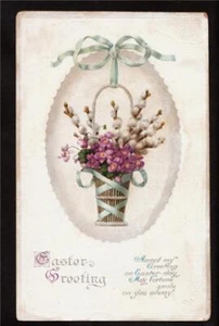 1915 emb. pussy willow basket Easter greetings postcard - Picture 1 of 1