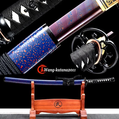 Espada japonesa de acero plegada Damasco de 30"" azul y rojo lista para el combate Samurai Wakizashi Foto 1 de 4