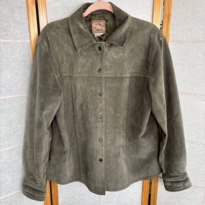 Vintage A.M.I Green Suede Leather Womens Large Button Down Jacket Y2K Olive - Image 1 of 4