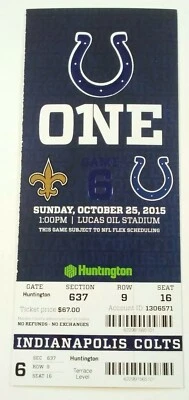 Boleto de fútbol americano 2015 Indianapolis Colts vs New Orleans Saints talón Drew Brees Foto 1 de 2