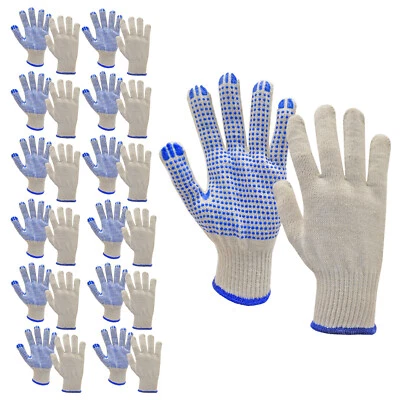 JORESTECH® PVC-Dotted String Knit Gloves, Natural White/Blue, 12 Pairs