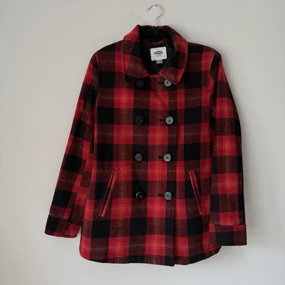 Abrigo de mujer Old Navy de lana guisante rojo y negro a cuadros mediano Foto 1 de 4