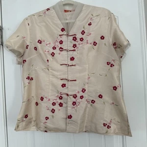 Blusa kimono de inspiración asiática talla L crema con flores rojas. Pit To Pit Is 21 - Imagen 1 de 11