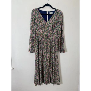 Jigsaw Hydrangea Tea Dress UK 10 Green Pink Fit & Flare Midi Length Long Sleeve - Picture 1 of 10