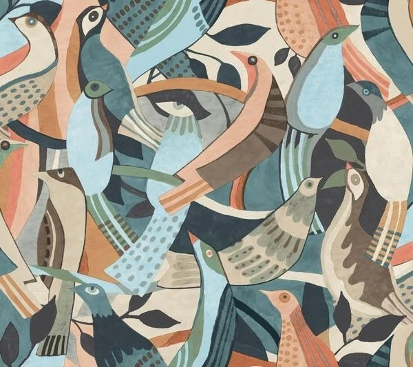 Papel de parede rebanho fauvista pássaros abstratos coral azul-petróleo verde bege 60 pés quadrados parafuso - Imagem 1 de 4