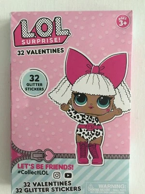 New LOL Surprise 32 Valentines Day Cards with 32 Glitter Stickers - Image 1 of 2