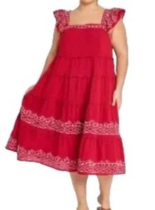 XL Boho Tiered Ruffle Embroidered Midi Dress Flowy, Red, Comfy Rayon Knox Rose - Picture 1 of 9