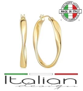 Italian 14K Gold Hoop Earrings Twisted Wave 30mm Spessa Donna Luminous Italia - Picture 1 of 10