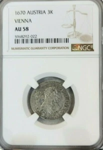 1670 AUSTRIA SILVER 3 KREUZER 3K LEOPOLD I VIENNA MINT NGC AU 58 GREAT COIN - Picture 1 of 4