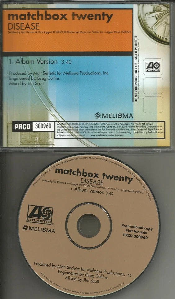 Rob Thomas MATCHBOX TWENTY Disease RARE 2002 PROMO DJ CD Single MINT USA 20 - Image 1 of 1