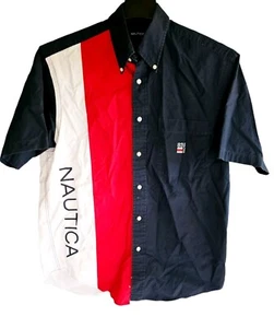 Vintage 90s Nautica Striped Spellout Color Block Vertical Stripes Size Medium - Picture 1 of 7