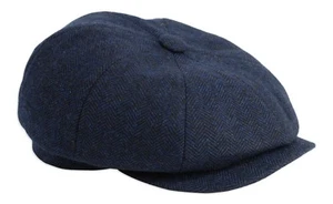 'Shelby' Navy Herringbone Wool Newsboy Button Top Flat Cap By Gamble & Gunn - Foto 1 di 2