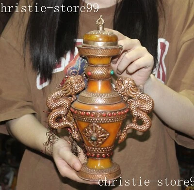 10.8" Tibetano Tibetano Plata Seda Incrustación Cera de Abejas Dragón Zun Crock Tanque Olla Tarro Foto 1 de 4