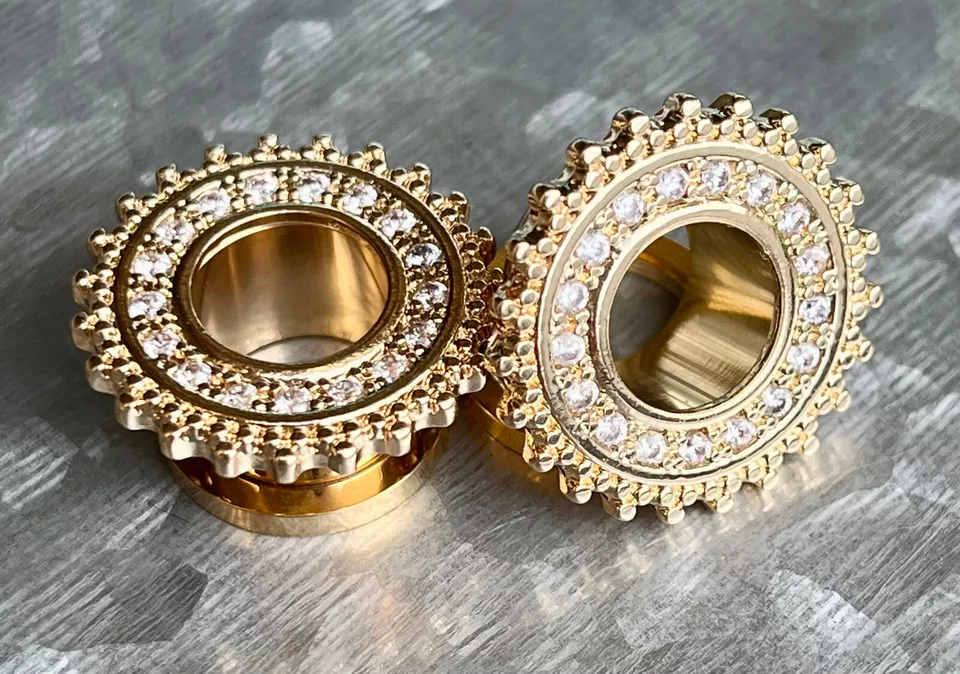 PAIR Gold or Steel Tribal Shield Gem Paved Screw Fit Flesh Tunnels Plugs - Image 1 of 1