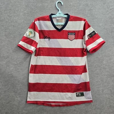Lrg Men Shirt M Red Striped Jersey Embroidered Patch Short Sleeve Logo Y2K - Image 1 of 4